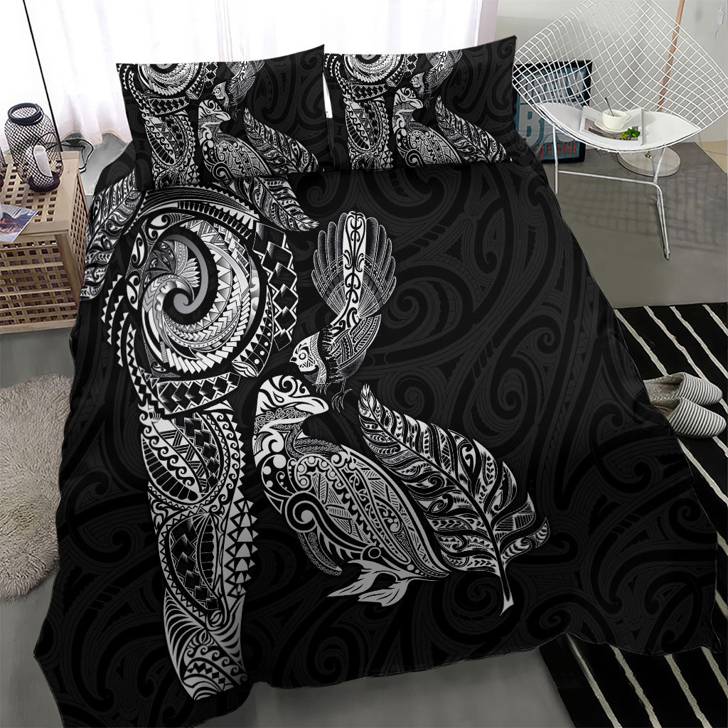 Aotearoa Moko Tribal Tattoo Bedding Set New Zealand Maori Penguin and Fantail Black Color LT03 - Polynesian Pride