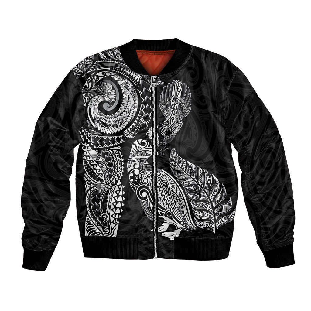 Aotearoa Moko Tribal Tattoo Bomber Jacket New Zealand Maori Penguin and Fantail Black Color LT03 Unisex Black - Polynesian Pride