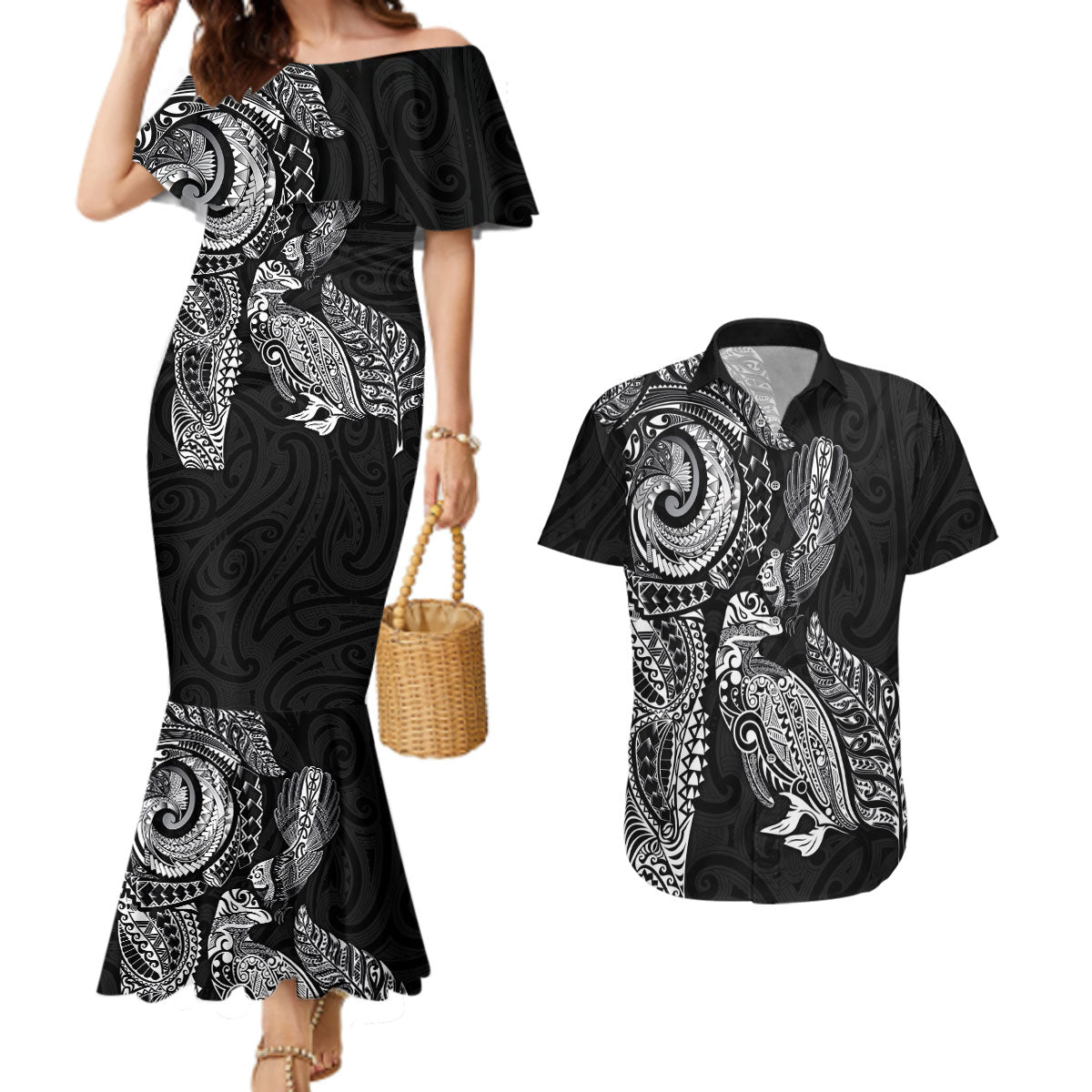 Aotearoa Moko Tribal Tattoo Couples Matching Mermaid Dress and Hawaiian Shirt New Zealand Maori Penguin and Fantail Black Color LT03 Black - Polynesian Pride