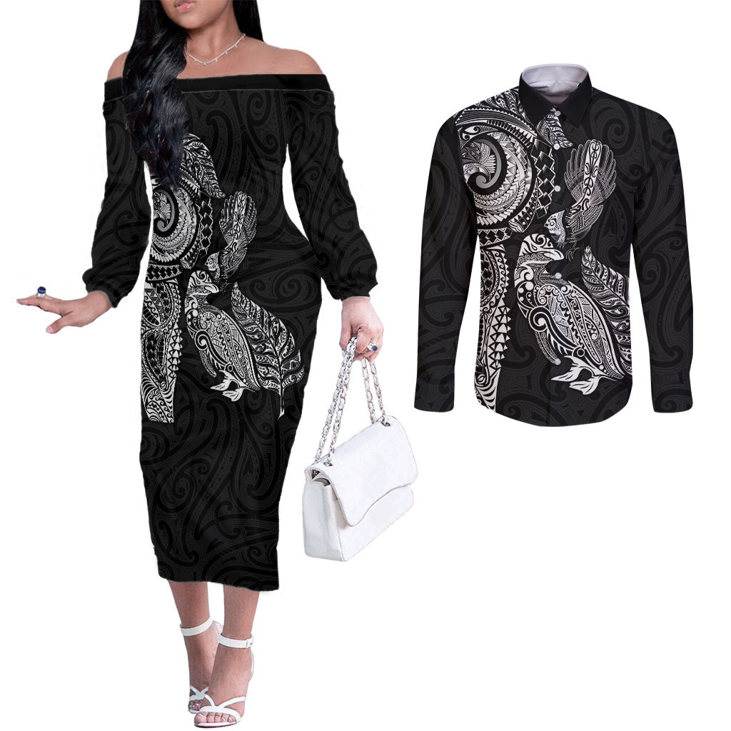 Aotearoa Moko Tribal Tattoo Couples Matching Off The Shoulder Long Sleeve Dress and Long Sleeve Button Shirt New Zealand Maori Penguin and Fantail Black Color