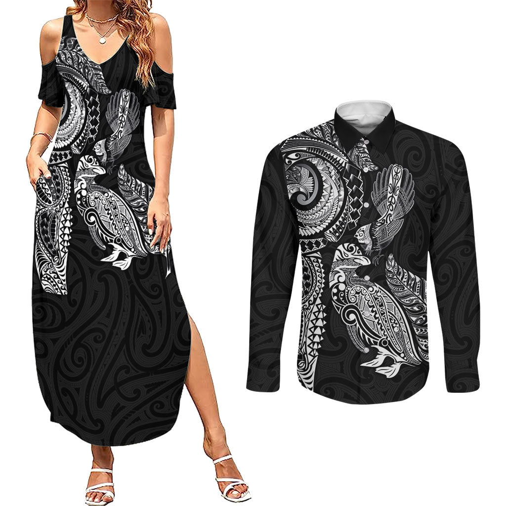 Aotearoa Moko Tribal Tattoo Couples Matching Summer Maxi Dress and Long Sleeve Button Shirt New Zealand Maori Penguin and Fantail Black Color