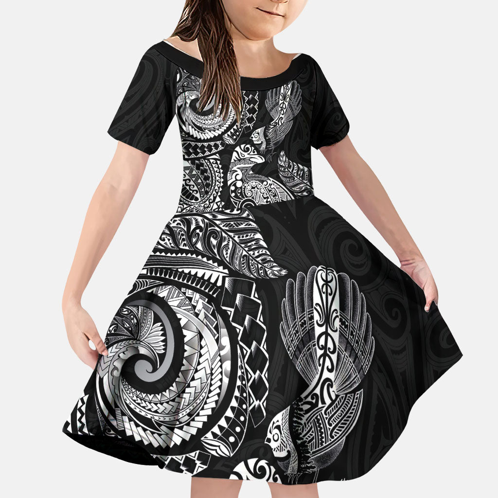 Aotearoa Moko Tribal Tattoo Family Matching Long Sleeve Bodycon Dress and Hawaiian Shirt New Zealand Maori Penguin and Fantail Black Color LT03 Daughter's Dress Black - Polynesian Pride