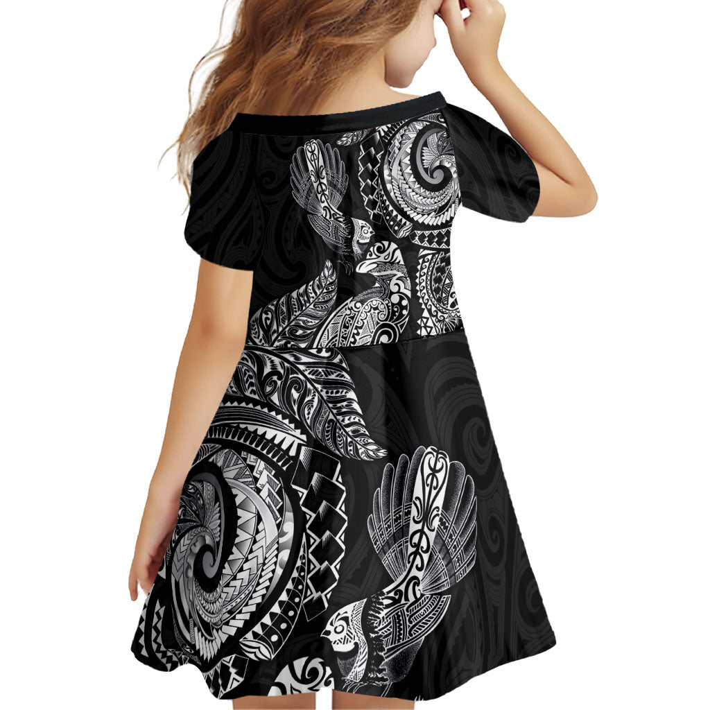 Aotearoa Moko Tribal Tattoo Family Matching Long Sleeve Bodycon Dress and Hawaiian Shirt New Zealand Maori Penguin and Fantail Black Color LT03 - Polynesian Pride