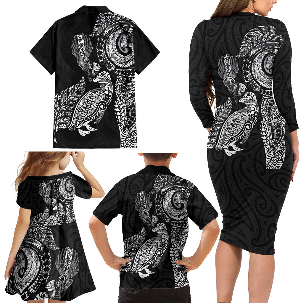 Aotearoa Moko Tribal Tattoo Family Matching Long Sleeve Bodycon Dress and Hawaiian Shirt New Zealand Maori Penguin and Fantail Black Color LT03 - Polynesian Pride