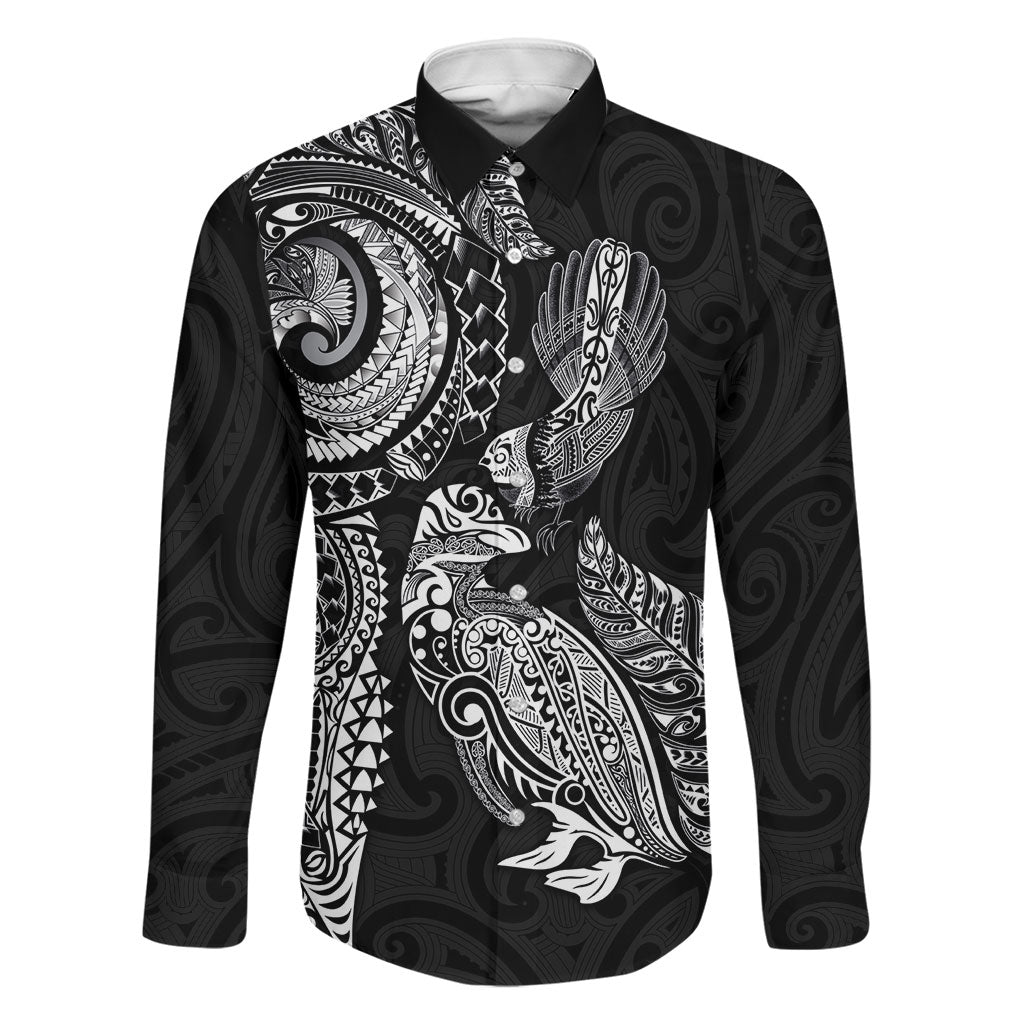 Aotearoa Moko Tribal Tattoo Family Matching Long Sleeve Bodycon Dress and Hawaiian Shirt New Zealand Maori Penguin and Fantail Black Color LT03 Dad's Shirt - Long Sleeve Black - Polynesian Pride