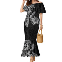 Aotearoa Moko Tribal Tattoo Family Matching Mermaid Dress and Hawaiian Shirt New Zealand Maori Penguin and Fantail Black Color LT03 Mom's Dress Black - Polynesian Pride