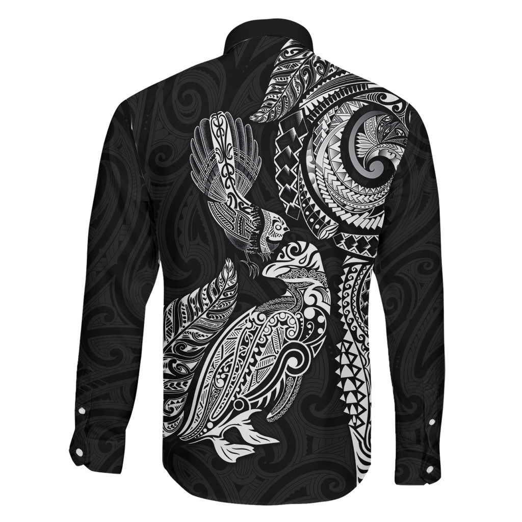 Aotearoa Moko Tribal Tattoo Family Matching Off The Shoulder Long Sleeve Dress and Hawaiian Shirt New Zealand Maori Penguin and Fantail Black Color LT03 - Polynesian Pride