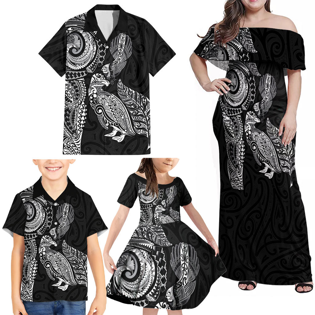 Aotearoa Moko Tribal Tattoo Family Matching Off Shoulder Maxi Dress and Hawaiian Shirt New Zealand Maori Penguin and Fantail Black Color LT03 - Polynesian Pride