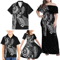 Aotearoa Moko Tribal Tattoo Family Matching Off Shoulder Maxi Dress and Hawaiian Shirt New Zealand Maori Penguin and Fantail Black Color LT03 - Polynesian Pride