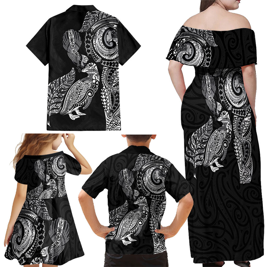 Aotearoa Moko Tribal Tattoo Family Matching Off Shoulder Maxi Dress and Hawaiian Shirt New Zealand Maori Penguin and Fantail Black Color LT03 - Polynesian Pride