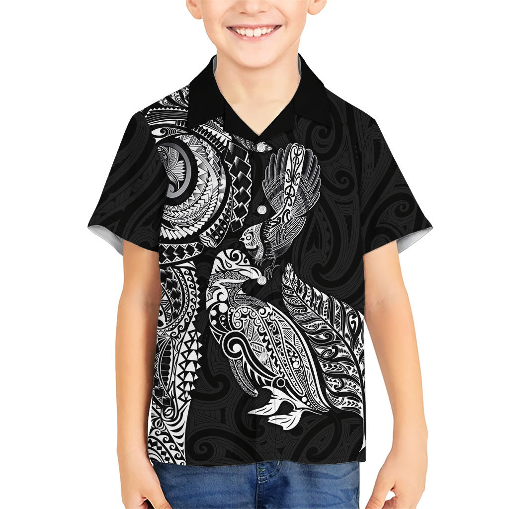 Aotearoa Moko Tribal Tattoo Family Matching Off Shoulder Short Dress and Hawaiian Shirt New Zealand Maori Penguin and Fantail Black Color LT03 Son's Shirt Black - Polynesian Pride