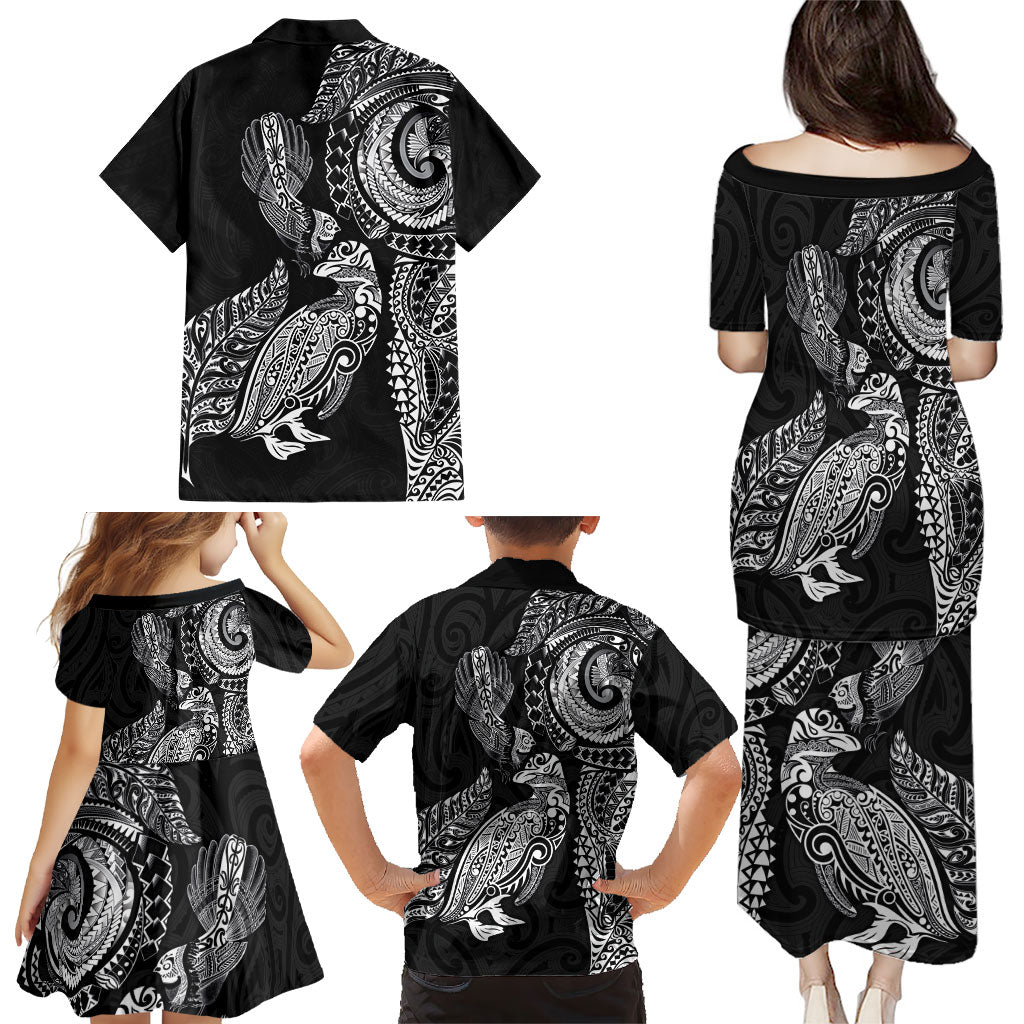 Aotearoa Moko Tribal Tattoo Family Matching Puletasi and Hawaiian Shirt New Zealand Maori Penguin and Fantail Black Color LT03 - Polynesian Pride