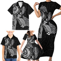 Aotearoa Moko Tribal Tattoo Family Matching Short Sleeve Bodycon Dress and Hawaiian Shirt New Zealand Maori Penguin and Fantail Black Color LT03 - Polynesian Pride