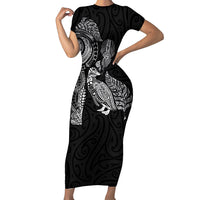 Aotearoa Moko Tribal Tattoo Family Matching Short Sleeve Bodycon Dress and Hawaiian Shirt New Zealand Maori Penguin and Fantail Black Color LT03 Mom's Dress Black - Polynesian Pride
