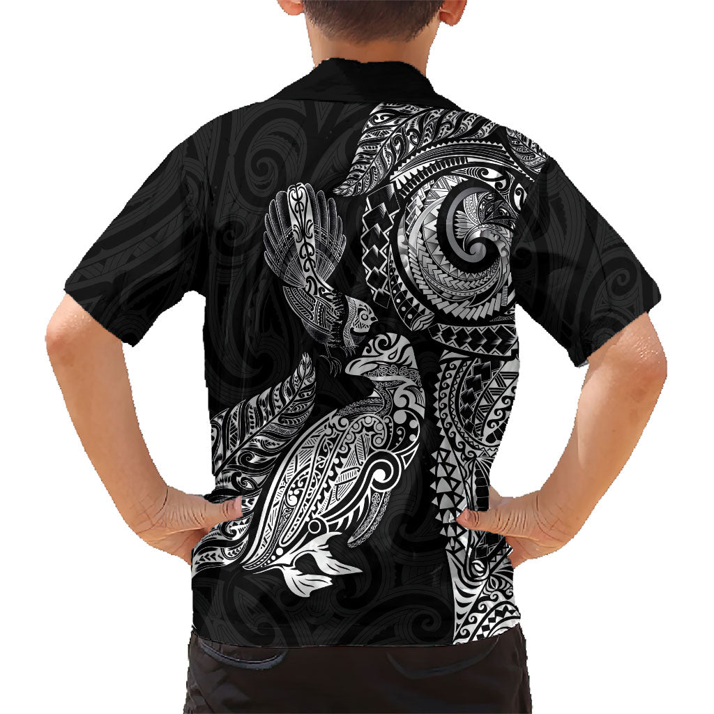 Aotearoa Moko Tribal Tattoo Family Matching Summer Maxi Dress and Hawaiian Shirt New Zealand Maori Penguin and Fantail Black Color LT03 - Polynesian Pride