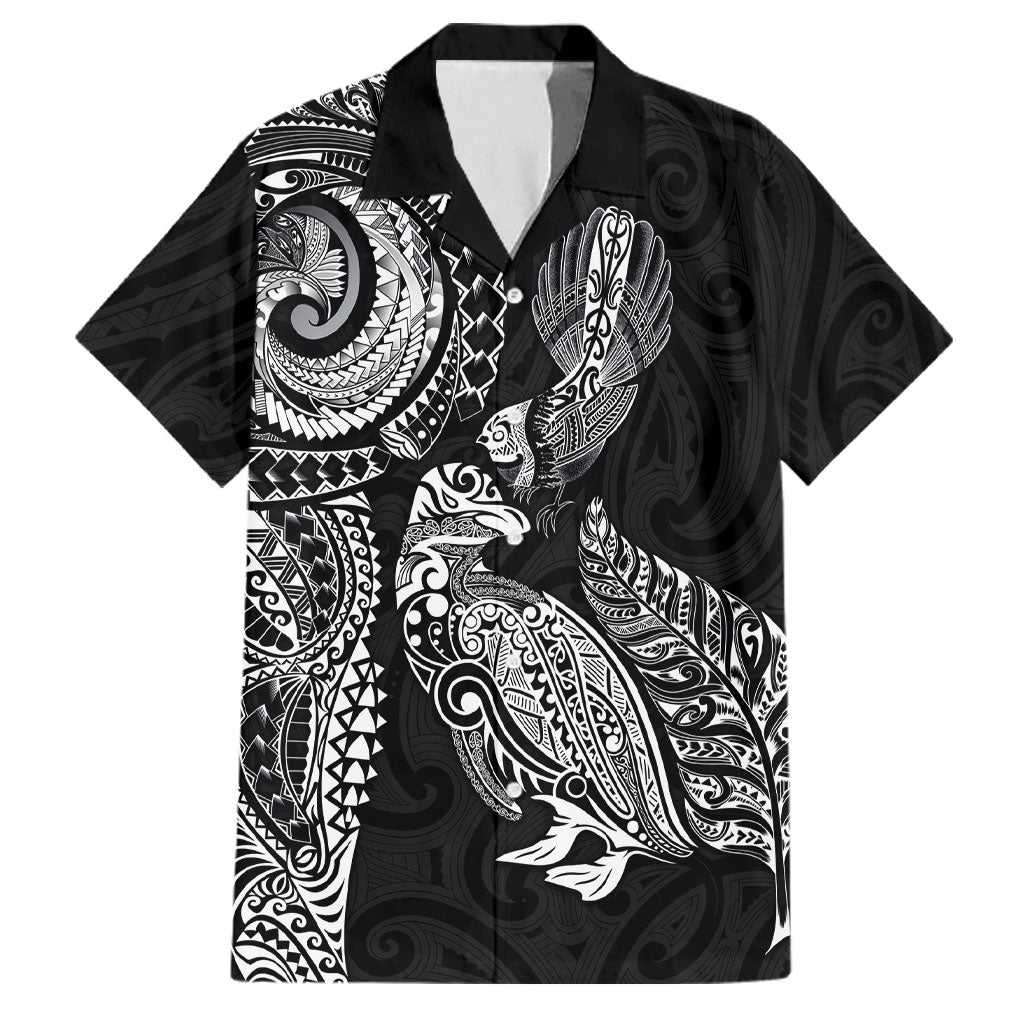 Aotearoa Moko Tribal Tattoo Family Matching Summer Maxi Dress and Hawaiian Shirt New Zealand Maori Penguin and Fantail Black Color LT03 Dad's Shirt - Short Sleeve Black - Polynesian Pride
