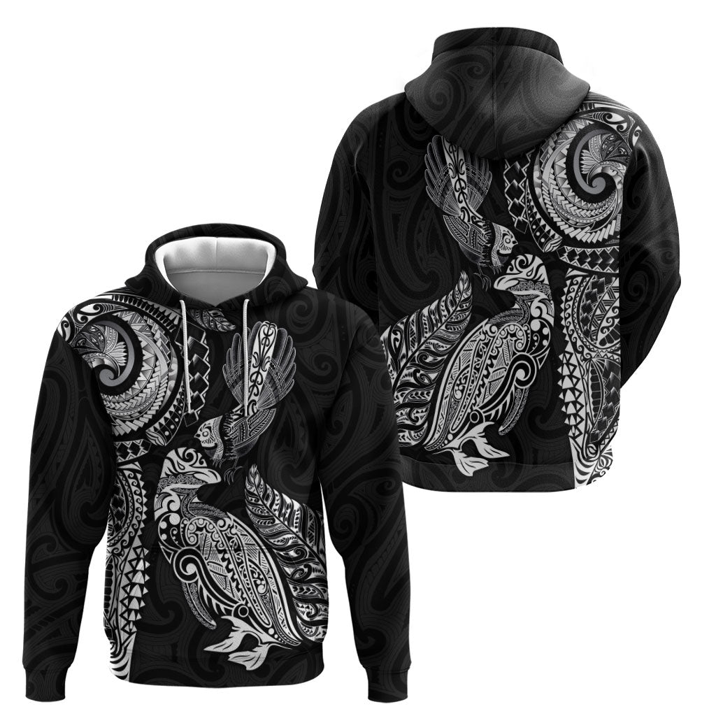 Aotearoa Moko Tribal Tattoo Hoodie New Zealand Maori Penguin and Fantail Black Color LT03 - Polynesian Pride