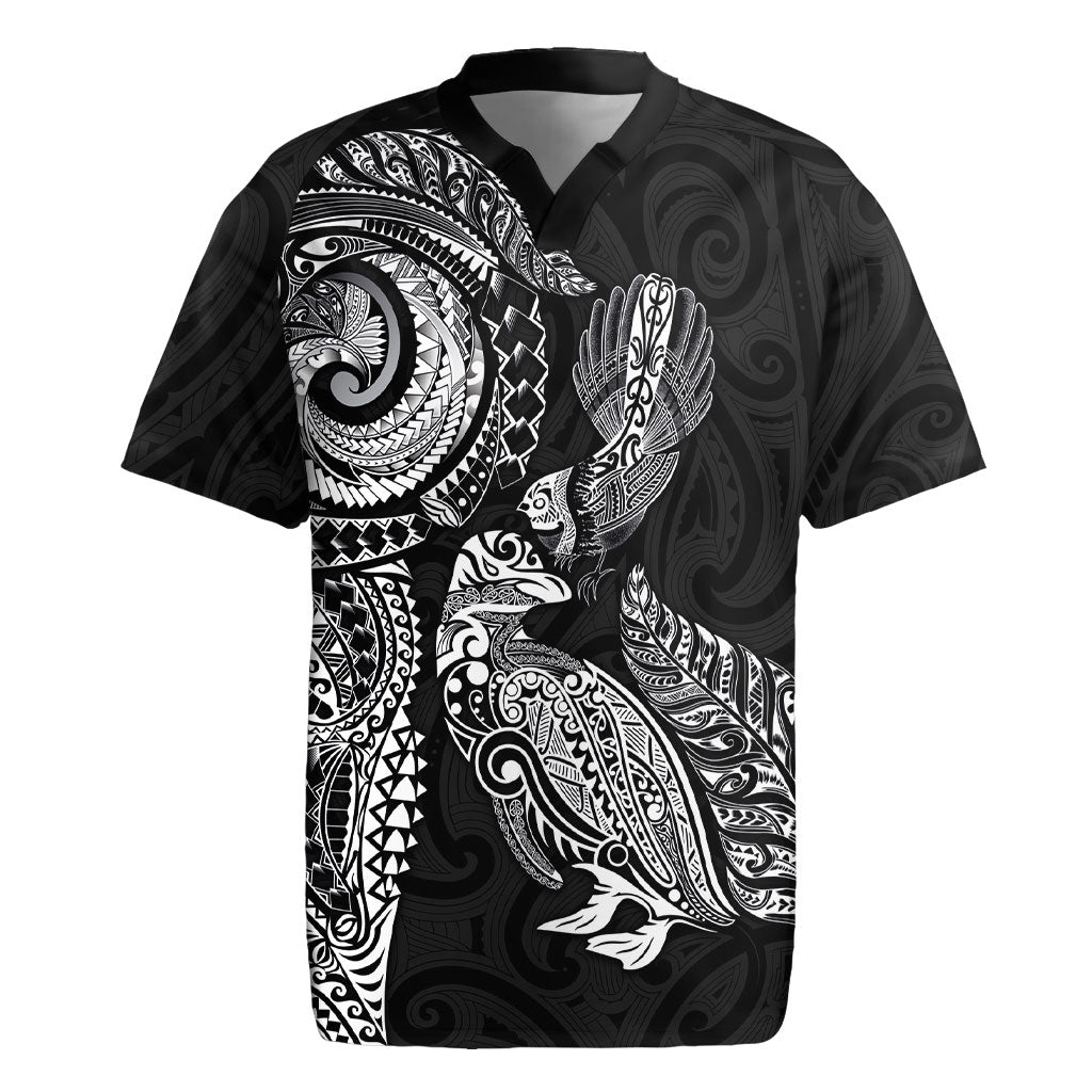 Aotearoa Moko Tribal Tattoo Rugby Jersey New Zealand Maori Penguin and Fantail Black Color