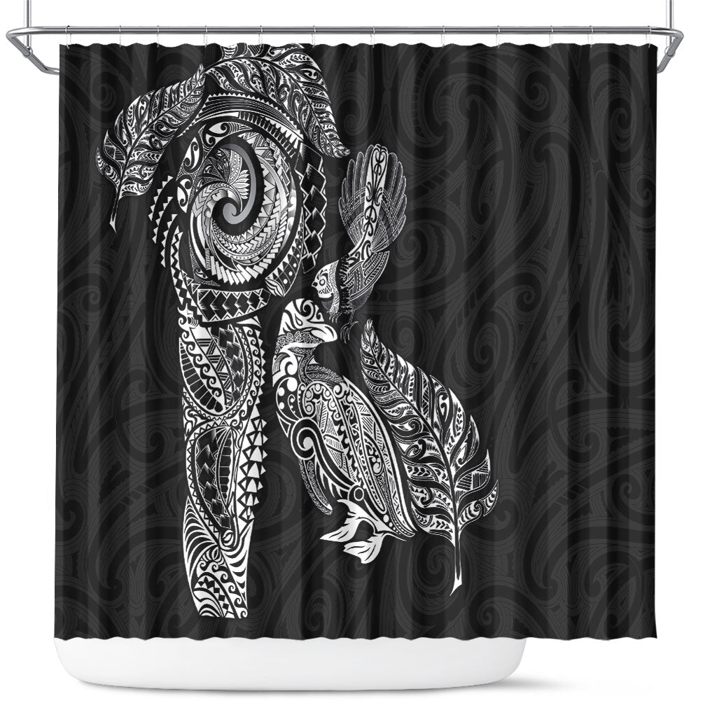 Aotearoa Moko Tribal Tattoo Shower Curtain New Zealand Maori Penguin and Fantail Black Color