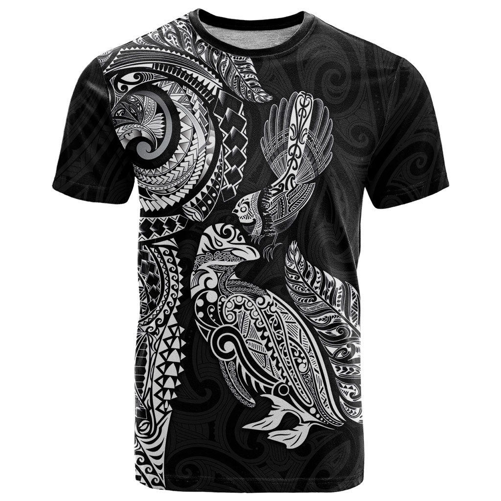Aotearoa Moko Tribal Tattoo T Shirt New Zealand Maori Penguin and Fantail Black Color