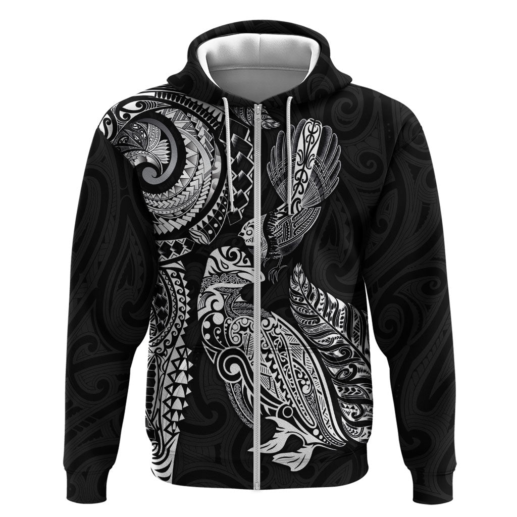 Aotearoa Moko Tribal Tattoo Zip Hoodie New Zealand Maori Penguin and Fantail Black Color LT03 Zip Hoodie Black - Polynesian Pride