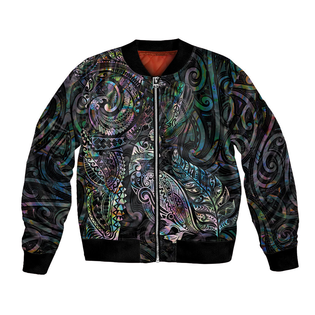 Aotearoa Moko Tribal Tattoo Bomber Jacket New Zealand Maori Penguin and Fantail Paua Shell Style LT03 Unisex Multicolor - Polynesian Pride