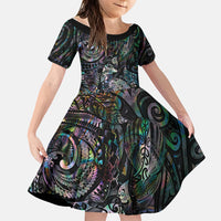 Aotearoa Moko Tribal Tattoo Family Matching Long Sleeve Bodycon Dress and Hawaiian Shirt New Zealand Maori Penguin and Fantail Paua Shell Style LT03 Daughter's Dress Multicolor - Polynesian Pride