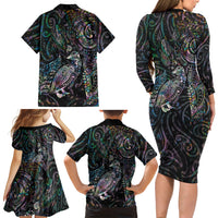 Aotearoa Moko Tribal Tattoo Family Matching Long Sleeve Bodycon Dress and Hawaiian Shirt New Zealand Maori Penguin and Fantail Paua Shell Style LT03 - Polynesian Pride