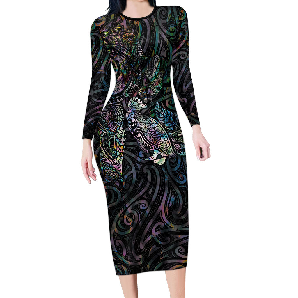 Aotearoa Moko Tribal Tattoo Family Matching Long Sleeve Bodycon Dress and Hawaiian Shirt New Zealand Maori Penguin and Fantail Paua Shell Style LT03 Mom's Dress Multicolor - Polynesian Pride