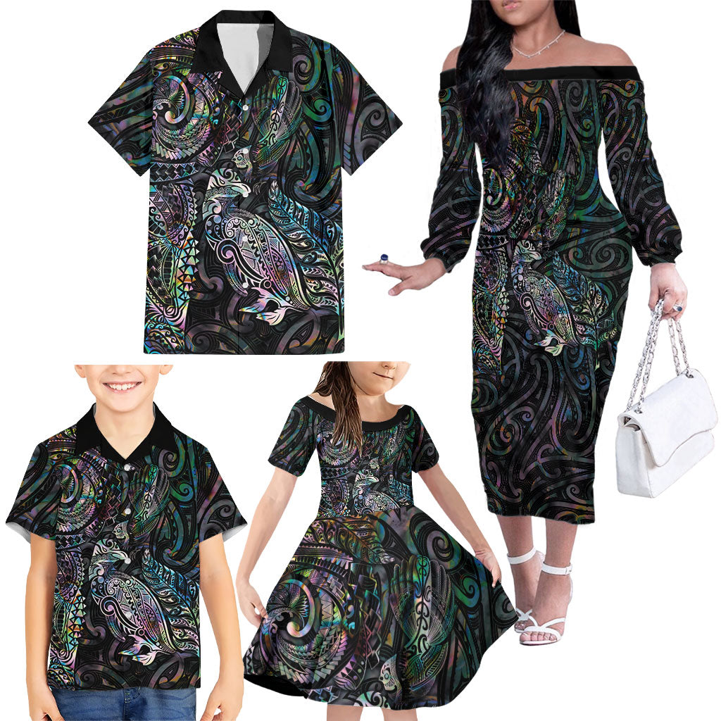 Aotearoa Moko Tribal Tattoo Family Matching Off The Shoulder Long Sleeve Dress and Hawaiian Shirt New Zealand Maori Penguin and Fantail Paua Shell Style
