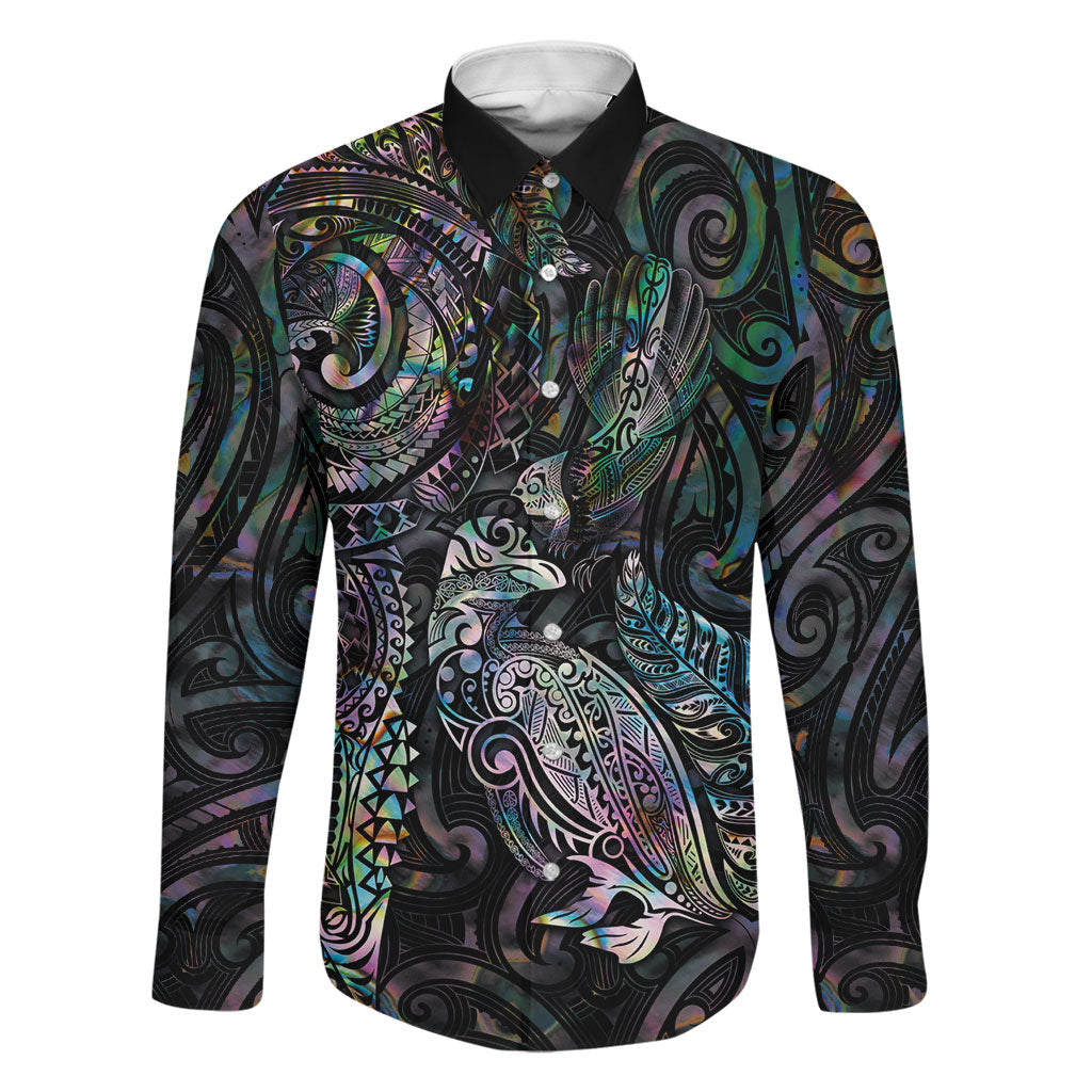 Aotearoa Moko Tribal Tattoo Family Matching Off The Shoulder Long Sleeve Dress and Hawaiian Shirt New Zealand Maori Penguin and Fantail Paua Shell Style LT03 Dad's Shirt - Long Sleeve Multicolor - Polynesian Pride