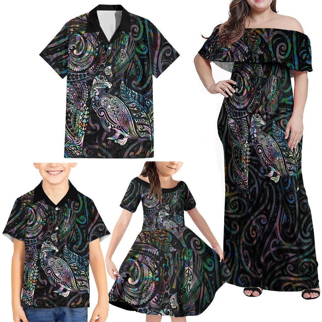 Aotearoa Moko Tribal Tattoo Family Matching Off Shoulder Maxi Dress and Hawaiian Shirt New Zealand Maori Penguin and Fantail Paua Shell Style