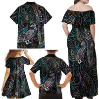 Aotearoa Moko Tribal Tattoo Family Matching Off Shoulder Maxi Dress and Hawaiian Shirt New Zealand Maori Penguin and Fantail Paua Shell Style LT03 - Polynesian Pride