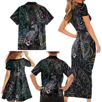 Aotearoa Moko Tribal Tattoo Family Matching Short Sleeve Bodycon Dress and Hawaiian Shirt New Zealand Maori Penguin and Fantail Paua Shell Style LT03 - Polynesian Pride