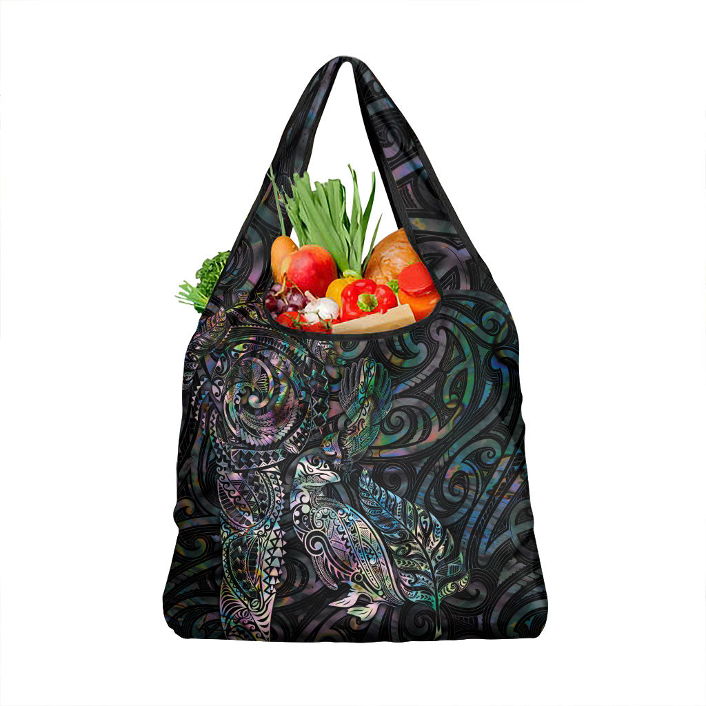 Aotearoa Moko Tribal Tattoo Grocery Bag New Zealand Maori Penguin and Fantail Paua Shell Style