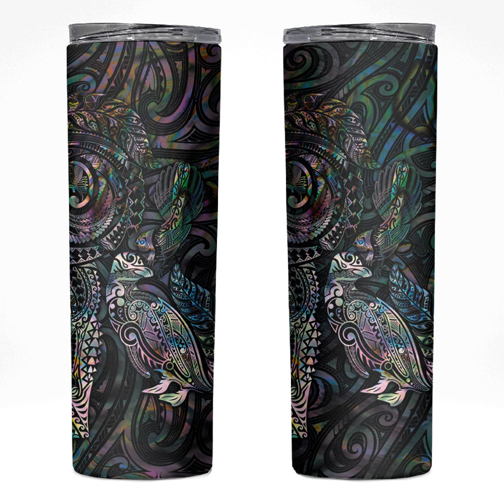 Aotearoa Moko Tribal Tattoo Skinny Tumbler New Zealand Maori Penguin and Fantail Paua Shell Style LT03 Multicolor - Polynesian Pride