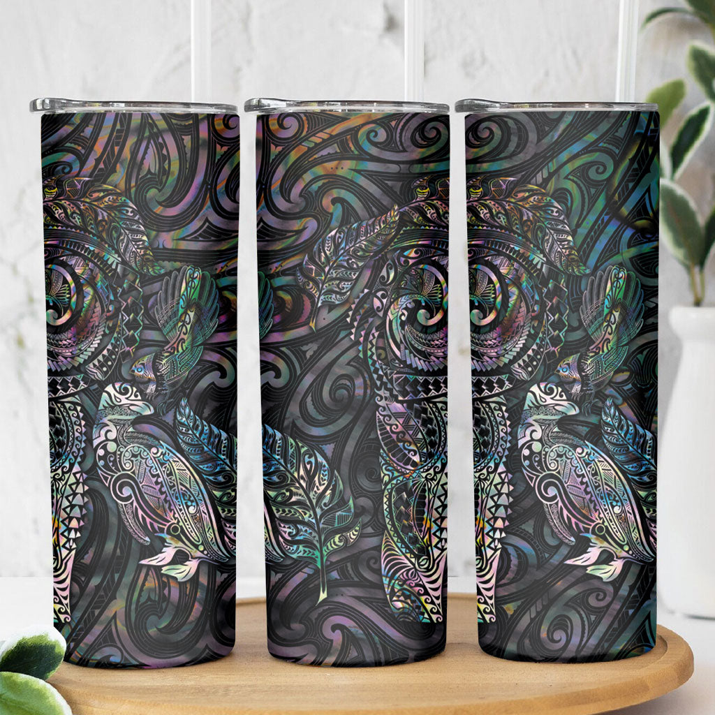 Aotearoa Moko Tribal Tattoo Skinny Tumbler New Zealand Maori Penguin and Fantail Paua Shell Style LT03 - Polynesian Pride