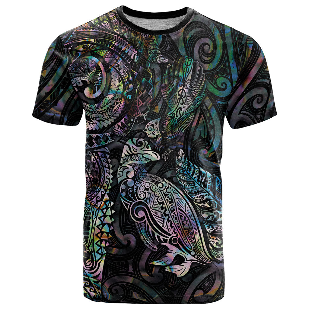 Aotearoa Moko Tribal Tattoo T Shirt New Zealand Maori Penguin and Fantail Paua Shell Style