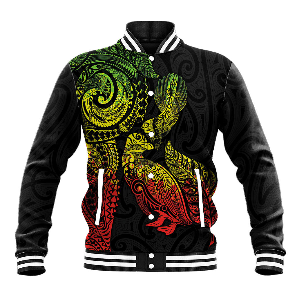 Aotearoa Moko Tribal Tattoo Baseball Jacket New Zealand Maori Penguin and Fantail Reggae Style LT03 Unisex Multicolor - Polynesian Pride