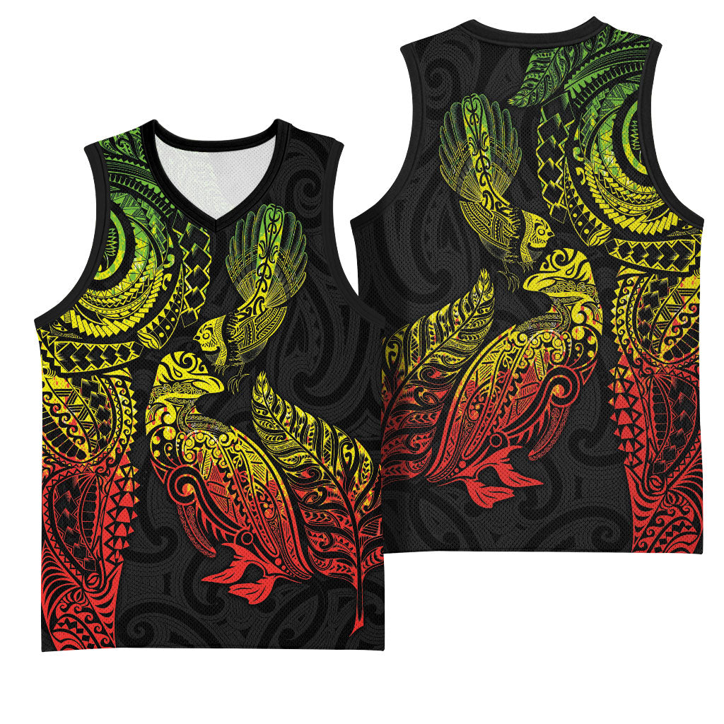 Aotearoa Moko Tribal Tattoo Basketball Jersey New Zealand Maori Penguin and Fantail Reggae Style LT03 - Polynesian Pride