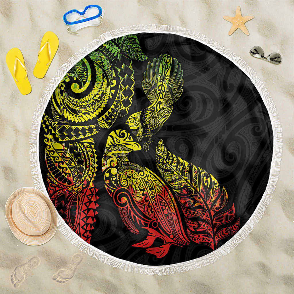 Aotearoa Moko Tribal Tattoo Beach Blanket New Zealand Maori Penguin and Fantail Reggae Style