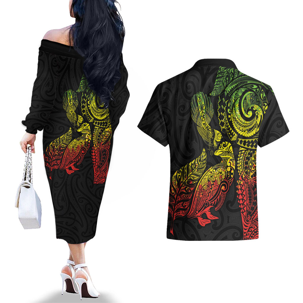 Aotearoa Moko Tribal Tattoo Couples Matching Off The Shoulder Long Sleeve Dress and Hawaiian Shirt New Zealand Maori Penguin and Fantail Reggae Style LT03 - Polynesian Pride