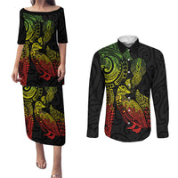 Aotearoa Moko Tribal Tattoo Couples Matching Puletasi and Long Sleeve Button Shirt New Zealand Maori Penguin and Fantail Reggae Style LT03 Multicolor - Polynesian Pride