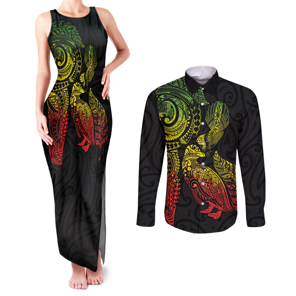 Aotearoa Moko Tribal Tattoo Couples Matching Tank Maxi Dress and Long Sleeve Button Shirt New Zealand Maori Penguin and Fantail Reggae Style LT03 Multicolor - Polynesian Pride