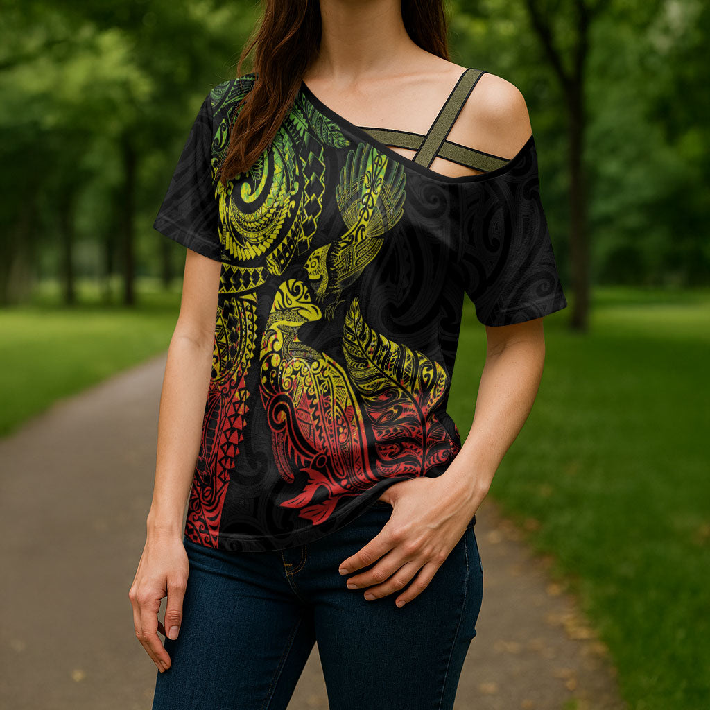 Aotearoa Moko Tribal Tattoo Cross Shoulder Shirt New Zealand Maori Penguin and Fantail Reggae Style LT03 - Polynesian Pride
