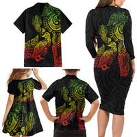 Aotearoa Moko Tribal Tattoo Family Matching Long Sleeve Bodycon Dress and Hawaiian Shirt New Zealand Maori Penguin and Fantail Reggae Style LT03 - Polynesian Pride
