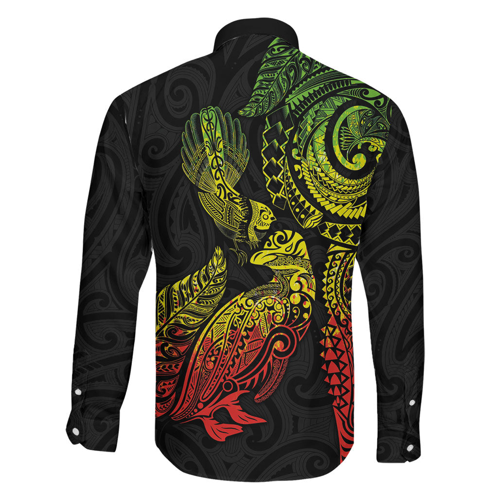 Aotearoa Moko Tribal Tattoo Family Matching Long Sleeve Bodycon Dress and Hawaiian Shirt New Zealand Maori Penguin and Fantail Reggae Style LT03 - Polynesian Pride