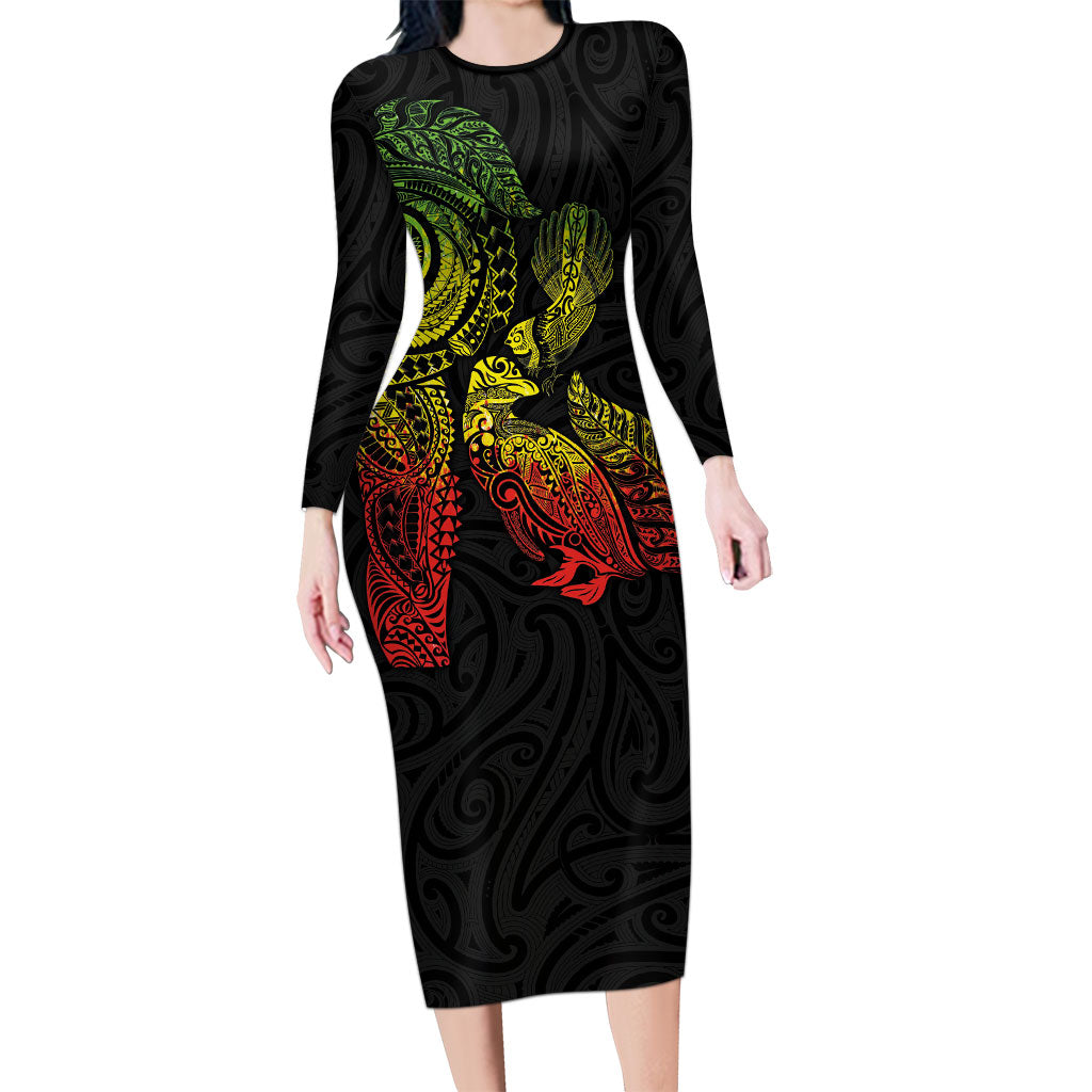Aotearoa Moko Tribal Tattoo Family Matching Long Sleeve Bodycon Dress and Hawaiian Shirt New Zealand Maori Penguin and Fantail Reggae Style LT03 Mom's Dress Multicolor - Polynesian Pride
