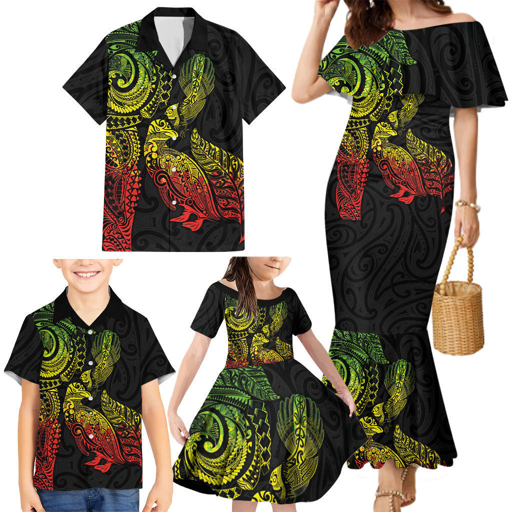 Aotearoa Moko Tribal Tattoo Family Matching Mermaid Dress and Hawaiian Shirt New Zealand Maori Penguin and Fantail Reggae Style