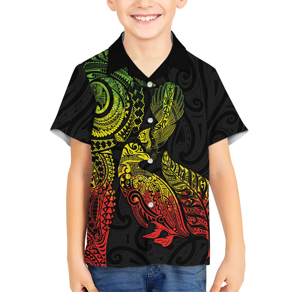 Aotearoa Moko Tribal Tattoo Family Matching Mermaid Dress and Hawaiian Shirt New Zealand Maori Penguin and Fantail Reggae Style LT03 Son's Shirt Multicolor - Polynesian Pride